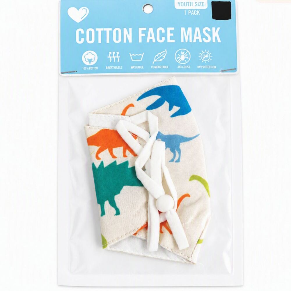 100% Cotton Multicolor Dino Dinosaur Face Mask Youth Size Washable Breathable